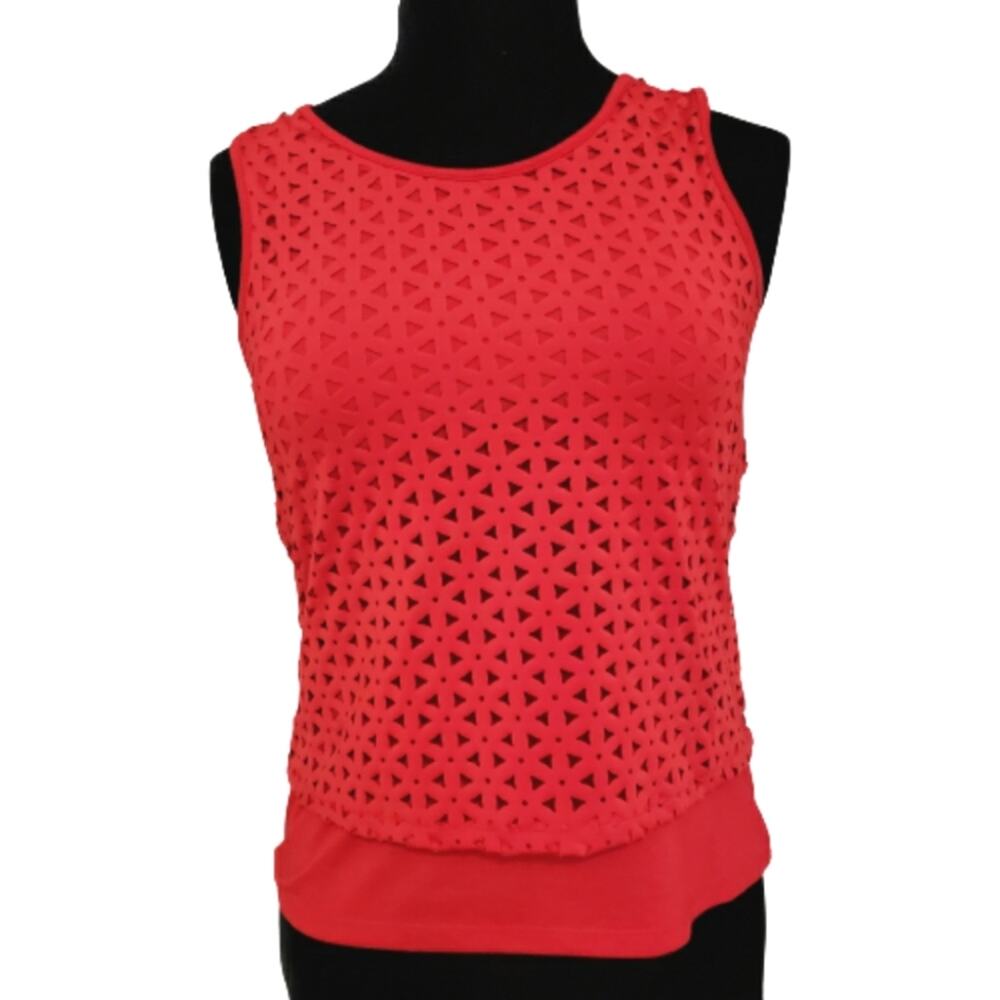 Como Black Laser‎ Geo Cut Out Layered Sleeveless Red Top Medium Holiday Festive